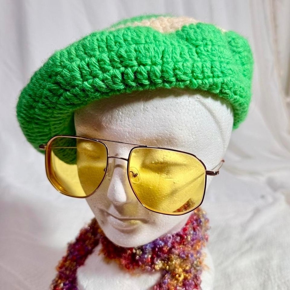Handmade Crochet Beret – Green & Cream Stripe